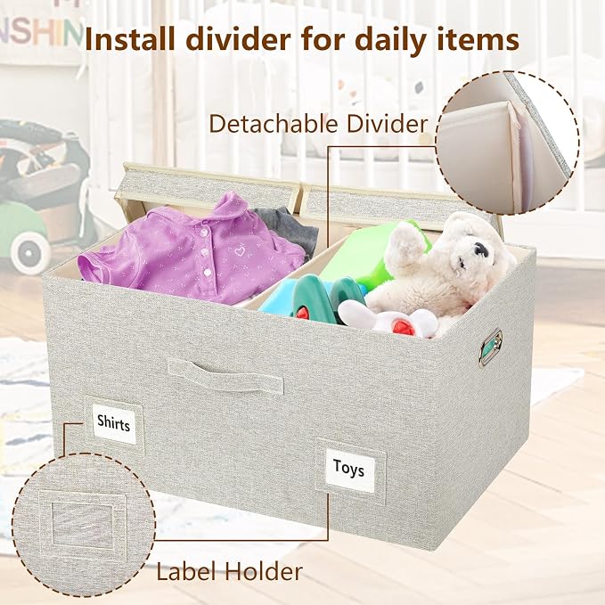 Storage Bins with Lids Fabric Closet Organizers Cubes Office Organization | 75 Quarts 3 Pack Beige Collapsible Stackable Linen Fabric 4 Handles Bedroom Closet Cabinet Under Bed Clothes Toy Office File