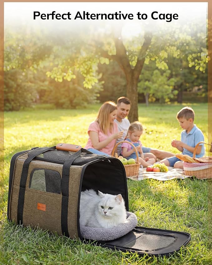 Morpilot Cat Carrier Soft for Large Medium Cats and Puppy up to 20lbs | with Dual-Sided Cushion, Secure Buckle and Foldable Bowl, Dog Carriers for Small Dogs - Pet Carrier (Brown)