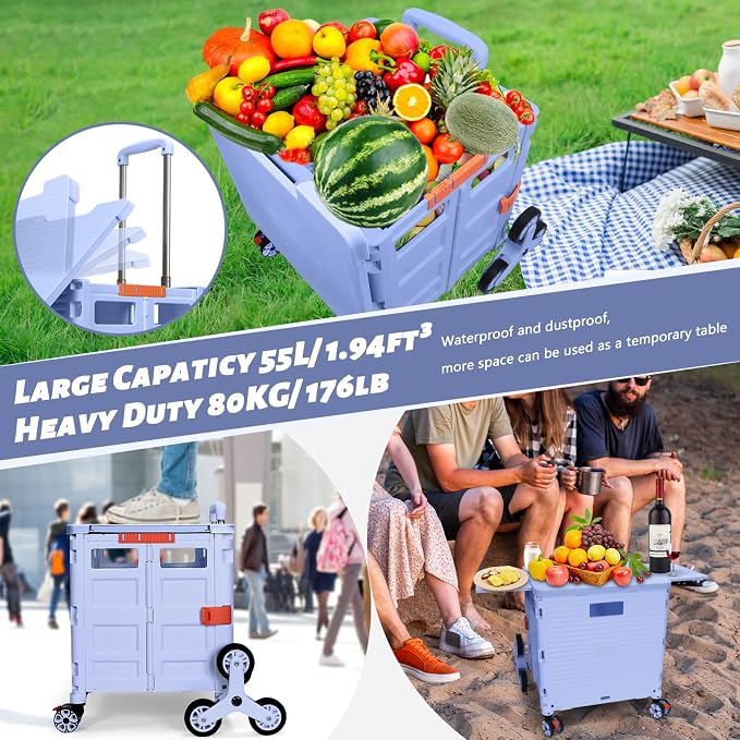 Foldable Utility Cart Collapsible Portable Crate Rolling Carts with Stair Climbing Wheels Tote Basket with Magnetic Lid Telescopic Cover Wear-Resistant 360°Rotate Wheel Noiseless for Shopping Office