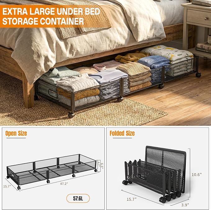 Under Bed Storage With Wheels, 47.2''/90lbs/57.6L, Metal Frame Under Bed Rolling Storage, Tool-Free Assembly Underbed Drawers, Underbed Organizer Containers for Shoes, Clothes and Toys