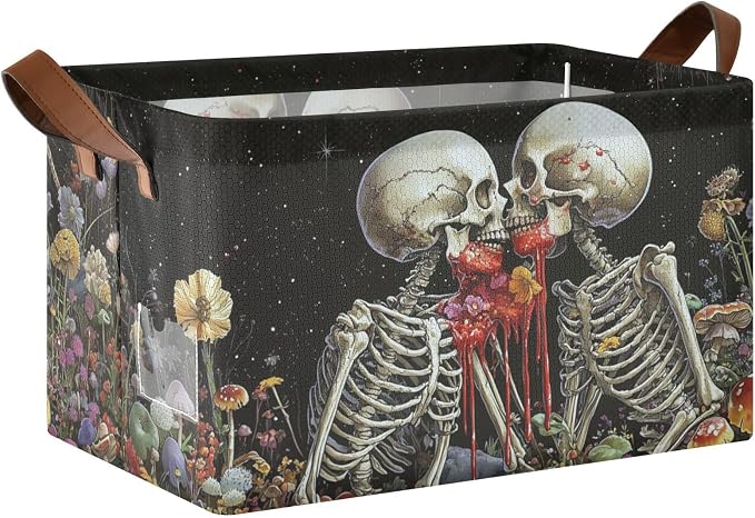 Black Skeleton Gothic Storage Bins for Shelves with Labels&Handles Halloween Organizer Bin Foldable Rectangle Storage Basket Black Goth Skull Boxes for Closet, Bathroom, Home, Living Room, Laundry