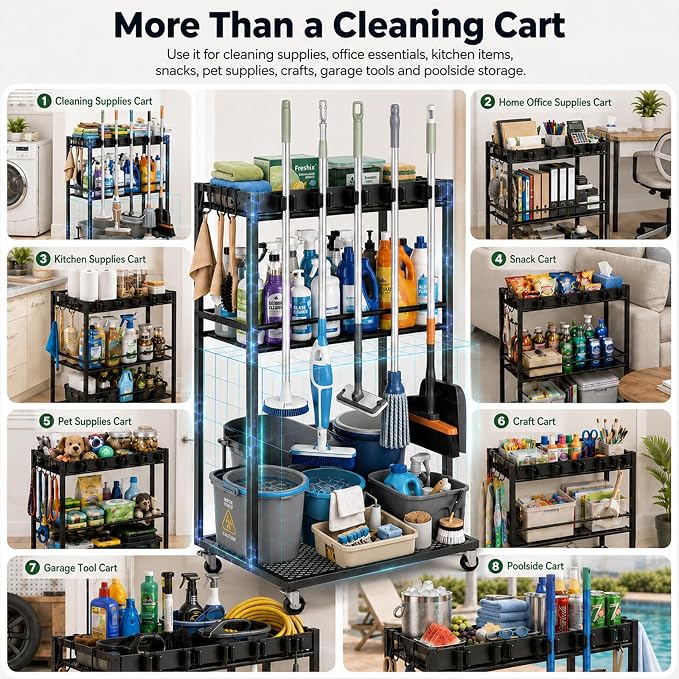 Cleaning Supplies Organizer Cart with Wheels, Broom and Mop Holder with 5 Grippers, 6 Hooks, 3 Shelves, Rolling Broom Closet Storage Rack for Laundry Room, Kitchen, Bathroom, Garage, Poolside