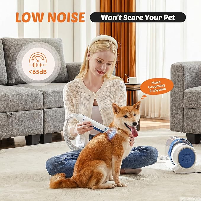 Sweetcrispy 2.5L Cup Professional Pet Grooming Vacuum Kit, 3 Suction Modes and 5 Groomer Tools with Cordless Low Noise Dog Clippers for Cats, Other Animals Hair Trimmer, White-Blue