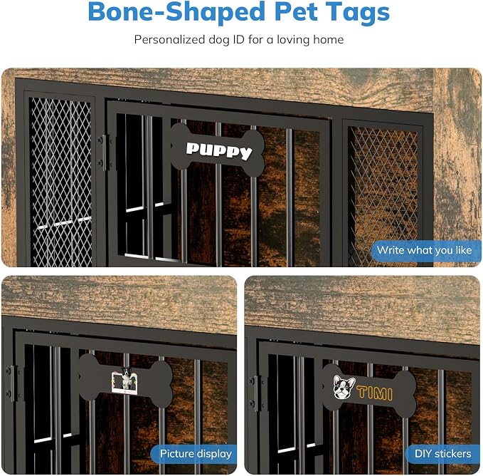 Petrova 33" Dog Crate Furniture with Storage Shelf & 2 Stainless Steel Bowls, Heavy Duty Indoor Dog Kennel for Medium/Small Dogs, Wooden Dog Cage with 4 Hooks, LED Light, Walnut Brown