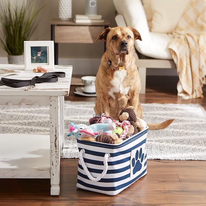 Bone Dry Pet Storage Collection Striped Paw Patch Bin, Small Rectangle, Navy