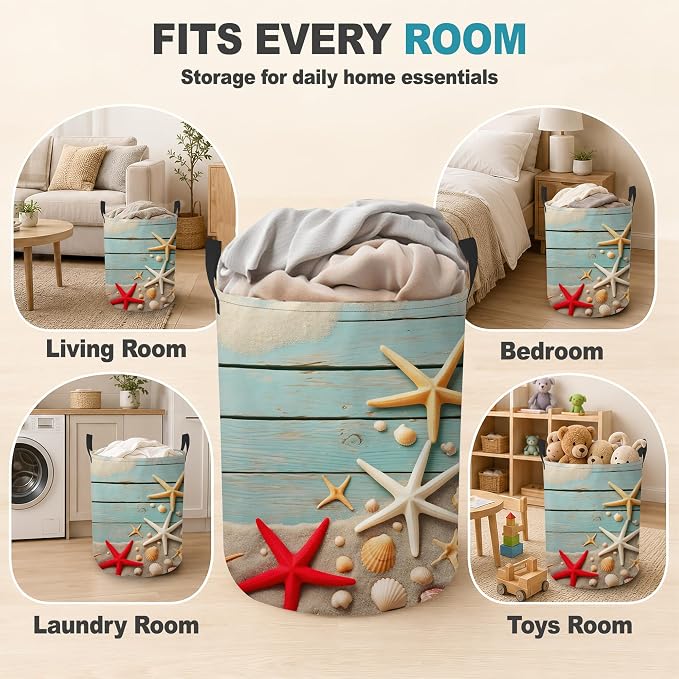 Starfish Seashell Collapsible Laundry Hamper,Blue Coastal Beach Waterproof Oxford Cloth Clothes Basket with Handles for Bathroom Bedroom Nursery Dorm Room,16" x 20"
