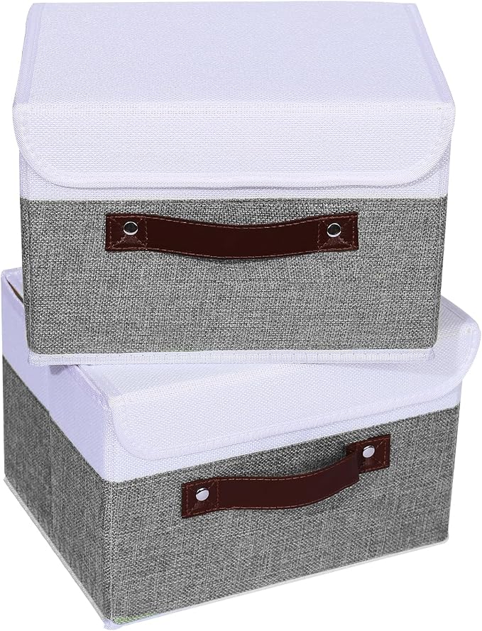 ANMINY Fabric Storage Box Bins with Lids, Gray White, 10"x8"x7", 4 Pack | Keepsake Memory Storage, Cotton Linen, PP Board Reinforced, Washable, PU Handles, Foldable & Stackable, Decorative, Small