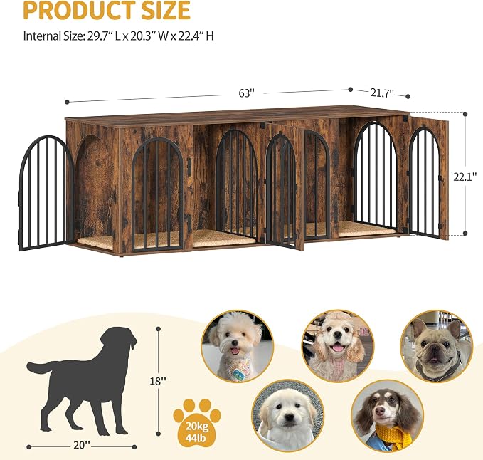 Hzuaneri 63" Double Dog Crate Furniture, Dog Kennel Indoor with Cushion | Heavy Duty Dog Crate Furniture for 2 Dogs,Dog Cage End Table TV Stand with Divider for Med-Large Dogs,Rustic Brown DFC80901B