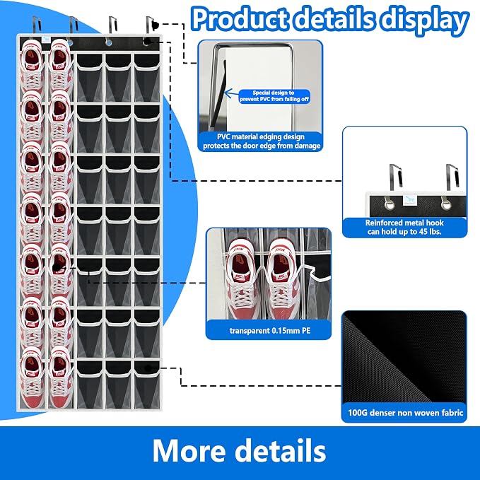 over the door shoe organizer,upgraded,over door shoe organizer,35 Huge clear pockets,Store size 13 shoes,shoe organizer,Strong material,hooks Suitable for various doors,Black