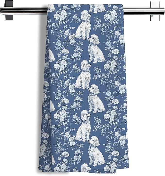 Blue Chinoiserie Poodle Decor Kitchen Towels, Blue and White Botanical Grandmillennial Dog Decorative Dish Tea Towels,Poodle Gifts for Kitchen Bathroom Decor, 16x24 Inch