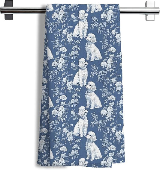 Blue Chinoiserie Poodle Decor Kitchen Towels, Blue and White Botanical Grandmillennial Dog Decorative Dish Tea Towels,Poodle Gifts for Kitchen Bathroom Decor, 16x24 Inch