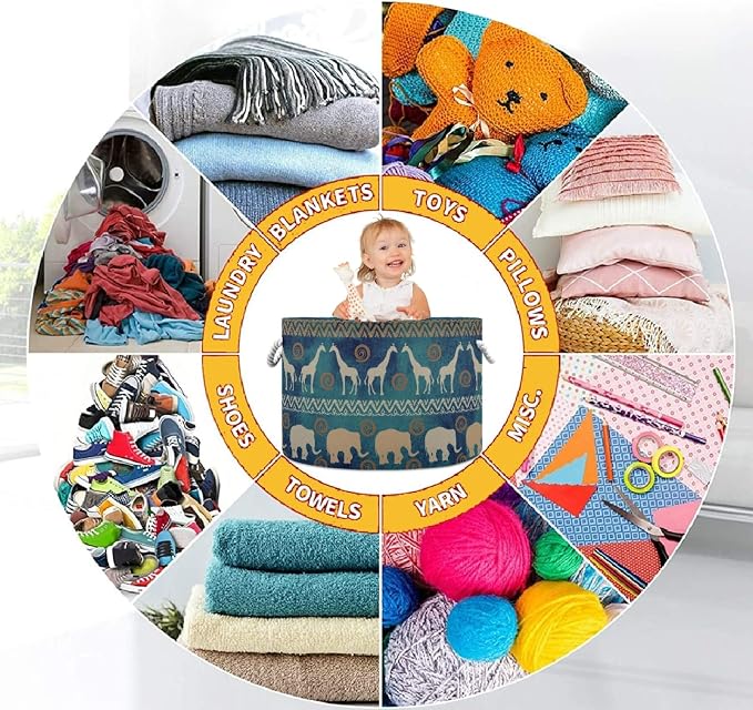 visesunny African Tribal Ethnic Elephant And Deer Collapsible Large Capacity Basket Storage Bin with Durable Cotton Handles, Home Organizer Solution for Office, Bedroom, Closet, Toys, Laundry