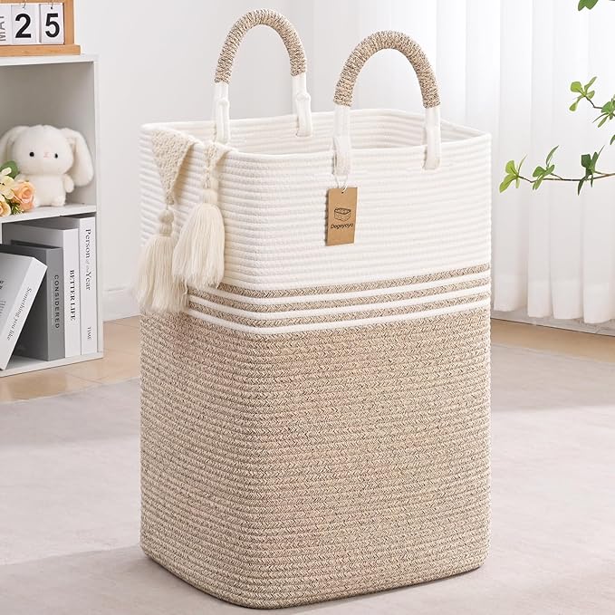 Laundry Basket Hamper,Blanket Storage,Dirty Clothes Hamper with Swivel Handles,Woven Cotton Rope Toy Baskets,Blanket Basket Living Room,Decorative Hampers for Nursery,Bedroom,White & Linen,100L
