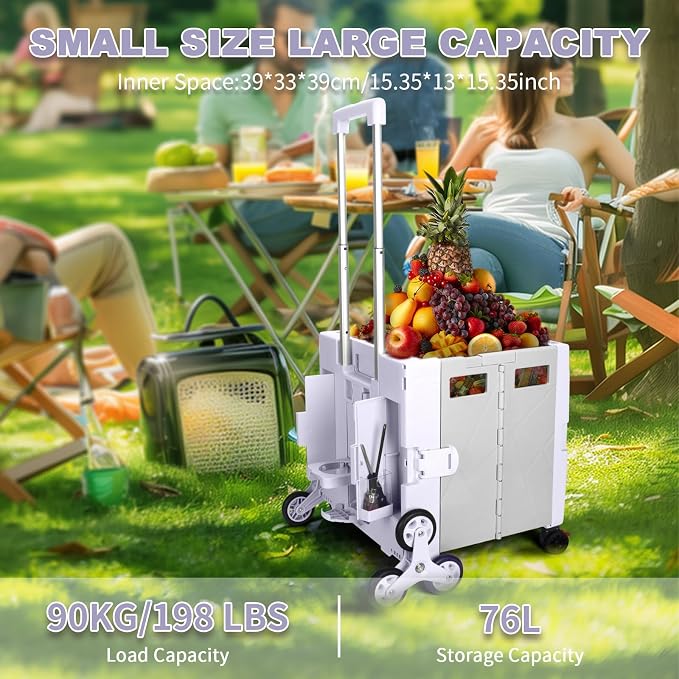 76L Folding Utility Cart Portable Rolling Crate Handcart Shopping Collapsible Tool Box with Stair Climbing Wheels,Hidden Lid,2 Rotate Wheels,for Grocery,Shopping,Office,Storage(Purple)