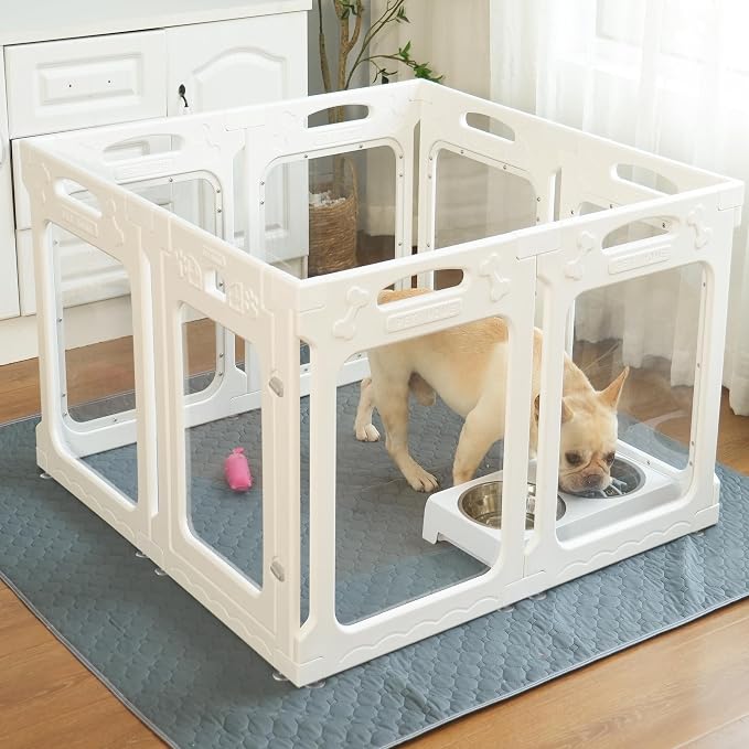 Clear Acrylic Indoor Dog Playpen, 30" H, 2 Panels, White | Open View, Modern Home Fit, No Climbing Bars, Tool-Free Setup, For Puppies & Small Dogs