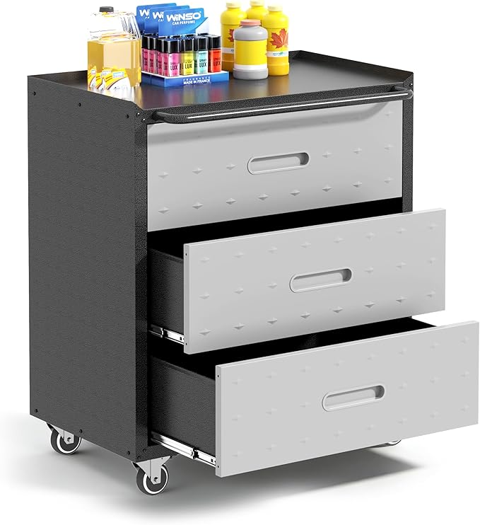 Garage Cabinets,Metal Garage Storage Cabinet with Wheels,Lockable Rolling Tool Cabinet with Drawer and Adjustable Shelves,Heavy Duty Tools Cabinet for Home Office Utility Room,Black/Grey
