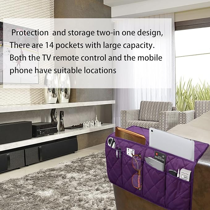 Armchair Caddy for Recliner - Sofa Armrest Organizer with 14 Pockets | Waterproof Remote Control Holder for Recliner, Non-Slip Chair Arm Storage for TV Remote, Phone, Books, Magazine, iPad