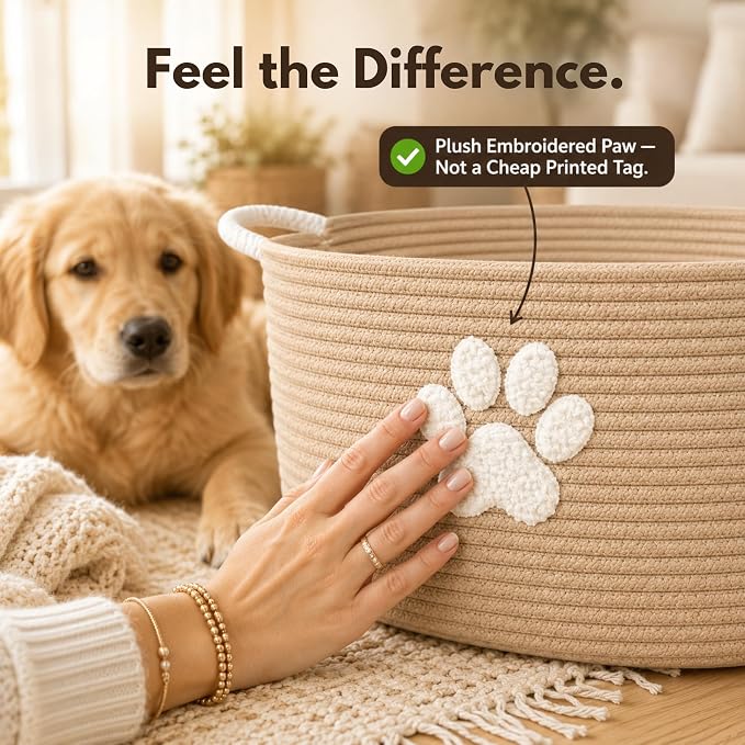 Dog Toy Basket with Handles, Boho Cotton Rope Storage Bin Organizer | Warm boho dog toy organizer, natural woven look. Holds toys, blankets & leashes. Machine washable, collapsible rope bin