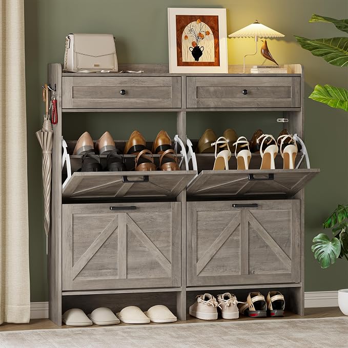 BORNOON Shoe Storage Cabinet for Entryway, Farmhouse Wide Shoe Cabinet with 4 Flip Drawers and 2 Top Drawers, Freestanding Organizer with Adjustable Shelves, Hooks, and Anti-Tip Kit for Hallway