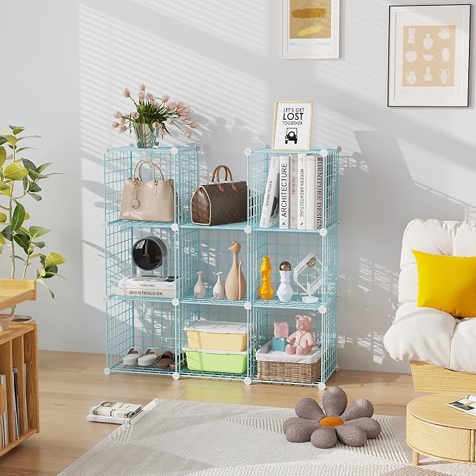 C&AHOME Wire Cube Storage, 9 - Cube Organizer Metal C Grids, Shelves, Blue | Modular Shelves Units, Closet Organizer, Storage Bins Shelving, Ideal for Home, Office, Living Room