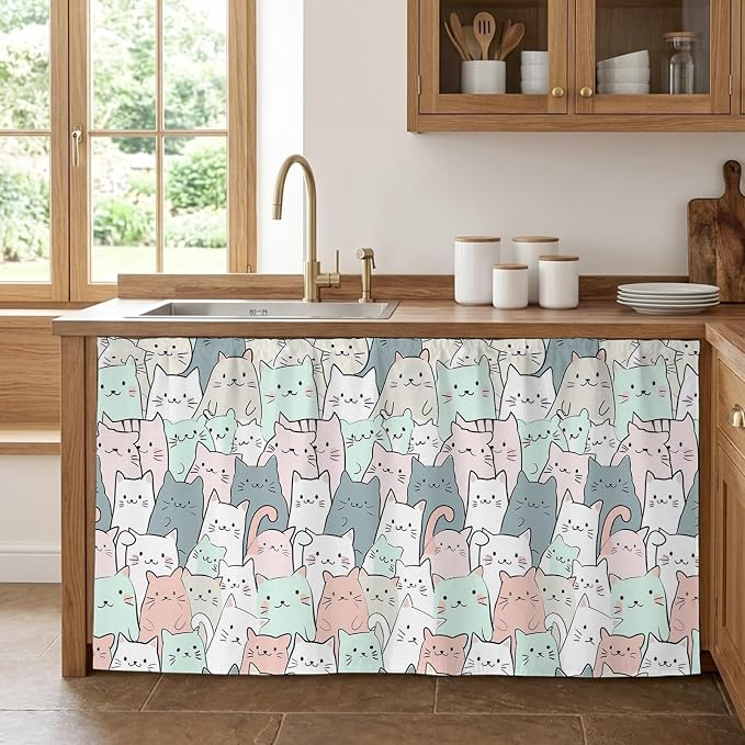Cartoon Cat Cabinet Curtain 28"Wx51"L, Dustproof Storage Cabinet Curtain with Self Adhesive Tape, Funny Cute Colorful Animal Pet Tall Pantry Cover Drape for Kitchen, Laundry Room, Utility Closet