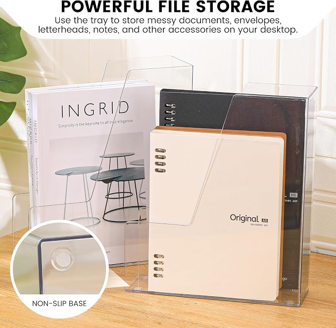 CiWiVOKi Vertical File Holder, Clear PET Desk Organizer and Storage Bins Holding for Magazines, Binders, Notebooks, Envelopes, Multi-purpose Plastic Document Organizer for Home Office, 4 pack