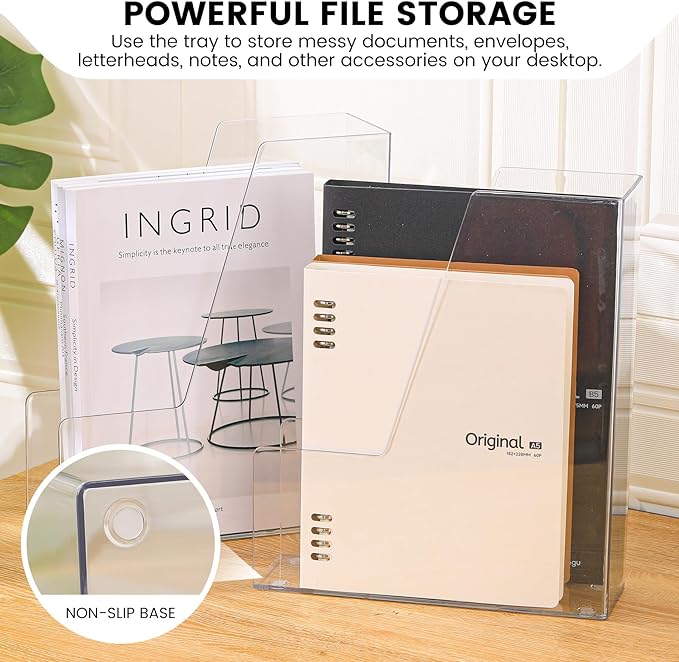 CiWiVOKi Vertical File Holder, PET Desk Organizer, Multi-purpose Plastic Document Storage Bins for Magazines, Binders, Notebooks, Envelopes, 2 Pack