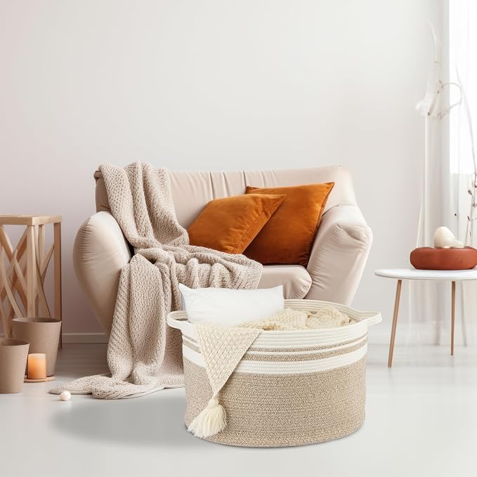 XUANGUO Extra Large Cotton Rope Round Storage Basket 22" x 14" | Woven basket for blankets, toys, towels, laundry, nursery, living room and pet toy storage.
