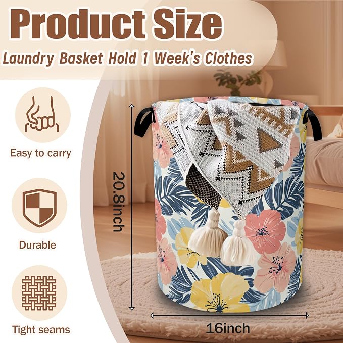 Hawaiian Laundry Basket,Waterproof Foldable Tropical Palm Leaves Laundry Hamper,Dirty Clothes Laundry Basket,Linen Bin Storage Organizer Collection 16" x 20.8"