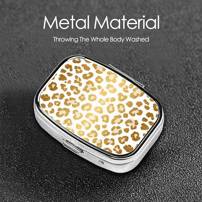 Cheetah Gold Leopard Print Pill Organizer Travel Portable Compact Pill Box 2 Compartments Pill Case for Vitamins/Fish Oil/Meds for Purse Pocket