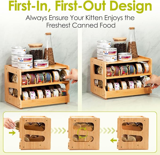 Coanto Cat Food Can Organizer, Bamboo 2-Tier FIFO Can Dispenser | 2-tier shelf holds up to 36 standard 3 oz wet cat food cans. Stackable pantry organizer for cabinets, counters