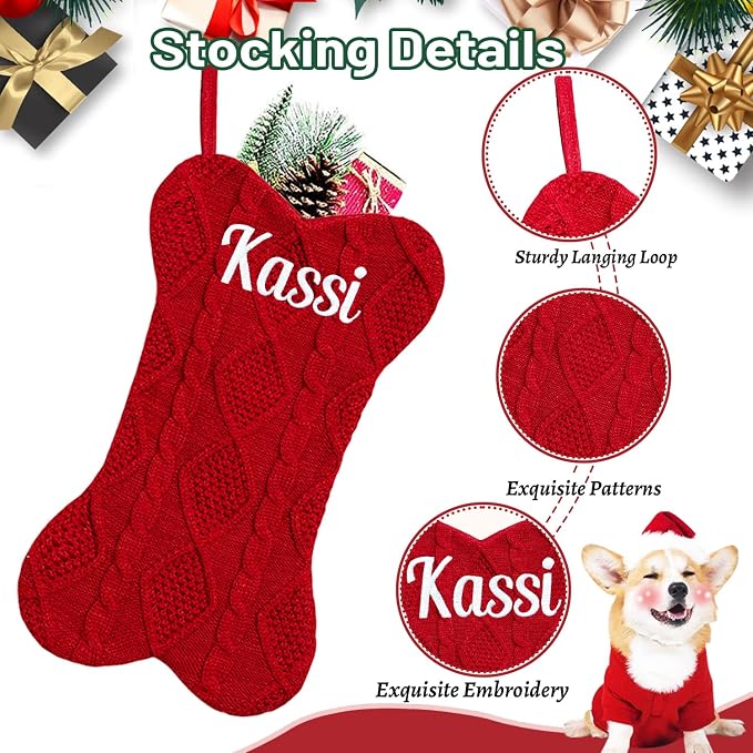 Personalized Pet Christmas Stocking,18 inch Custom Name Knit Christmas Stockings for Dog，Large Rhombic Bone Pet Xmas Stockings (3pc)