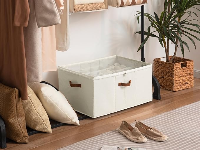 StorageWorks 24-Pair Large Closet Shoe Organizer, Adjustable Divider, Beige | Holds up to 24 Pairs, Foldable, Clear Lid, Reinforced Handles, Fits Sneakers, Boots & Heels, For Living Room, Bedroom