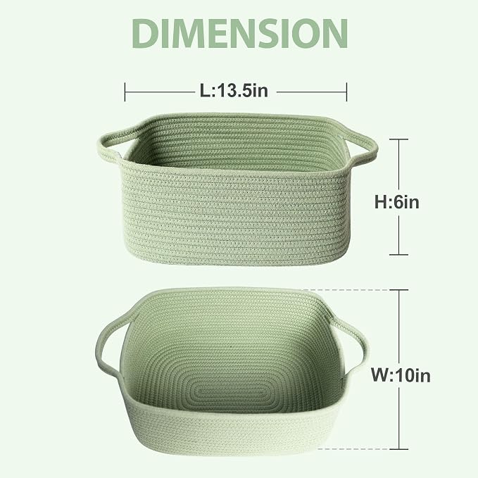 MEGASKET Green Basket, Woven Baskets for Gifts Empty, Medium Cotton Rope Dog Toy Box, Green Room Decor, Cute Baby Nursery Storage Organizer with Handle, Decorative Wicker Bin for Organizing Gift Towel