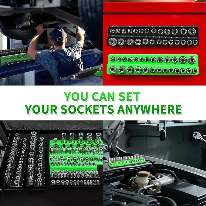 Magnetic Socket Organizer Set, 8PCS Socket Holder, 6 Socket Trays & 2 Wrench Racks, Metric & SAE Tool Box Organizer for 1/4", 3/8", 1/2" Sockets for Toolbox Storage (Black and Green, 8Pcs)