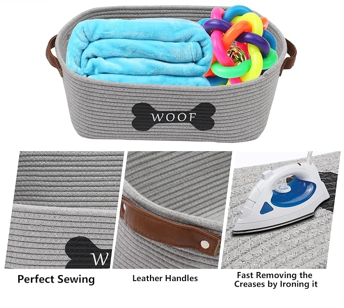 Morezi Cotton rope dog toy basket with handle, large dog bin, puppy kitty bed, dog toy basket - Perfect for carry pet toys, blankets, leashes, chew toys, diapers - Gray
