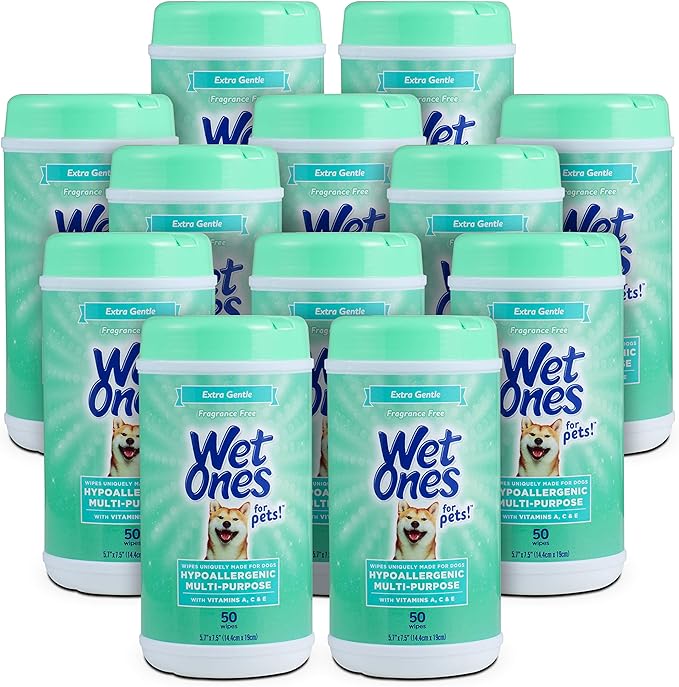 Wet Ones for Pets Hypoallergenic Multipurpose Dog Wipes with Vitamins A, C and E - Fragrance-Free All-Over Pet Grooming Wipes for Dogs in Canister, 50 Count - 12 Pack