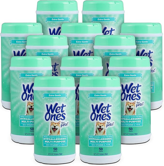 Wet Ones for Pets Hypoallergenic Multipurpose Dog Wipes with Vitamins A, C and E - Fragrance-Free All-Over Pet Grooming Wipes for Dogs in Canister, 50 Count - 12 Pack