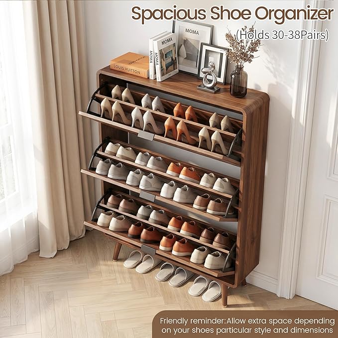 FurSch Fluted Shoe Storage Cabinet with 3 Flip Drawers, Narrow Shoe Rack Cabinet Organizer with Adjustable & Removable Shelves for Entryway (All Walnut, 3 Drawers)