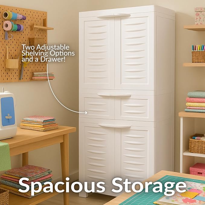 Sunnydaze 57" Garage Storage Cabinet with Doors & Shelves, Speckled White | Heavy Duty Resin Storage Cabinet Resists Rust & Peeling, Utility Cabinet with Drawer & Anti-Tip Kit for Laundry, Office