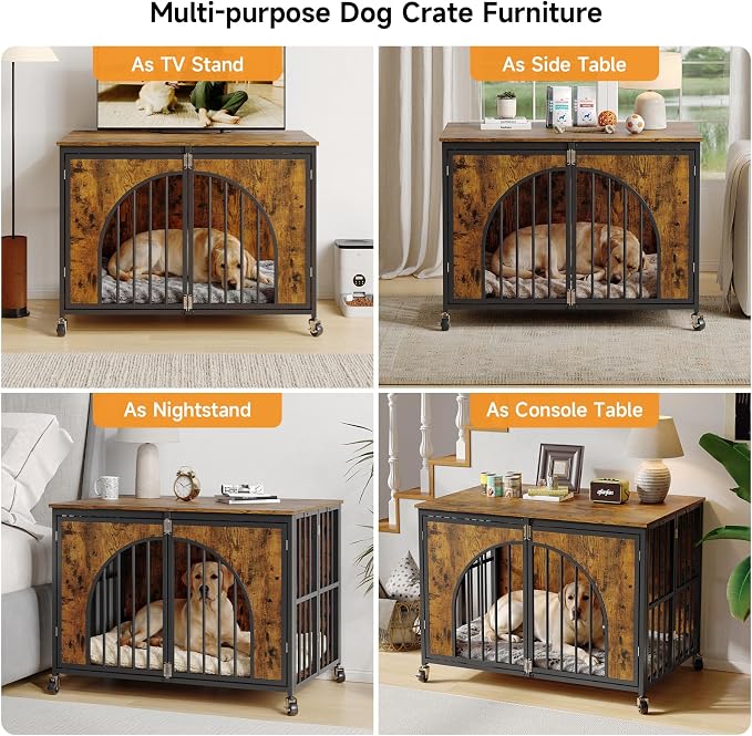ONBRILL 43" Heavy Duty Foldable Dog Crate Furniture, Large Dogs, Brown | Fold it away when needed, while easy-glide wheels and spring locks add convenience to everyday use