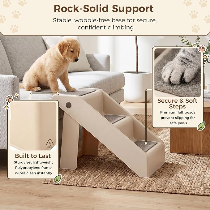 Foldable Dog Stairs 3-Step Pet Ramp Steps for Dogs and Cats, for Couch Sofa,High Bed Non-Slip Balanced Indoor Step Support, Yellowish