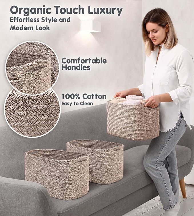 CHAT BLANC Cotton Rope Baskets for Organizing, Shelves, Toys, Storage, Shoe, Bathroom, Laundry, Towel, Nursery, Home Decor, Blanket, Cloth Woven Bins Fabric (Brown, 15"x10"x9")