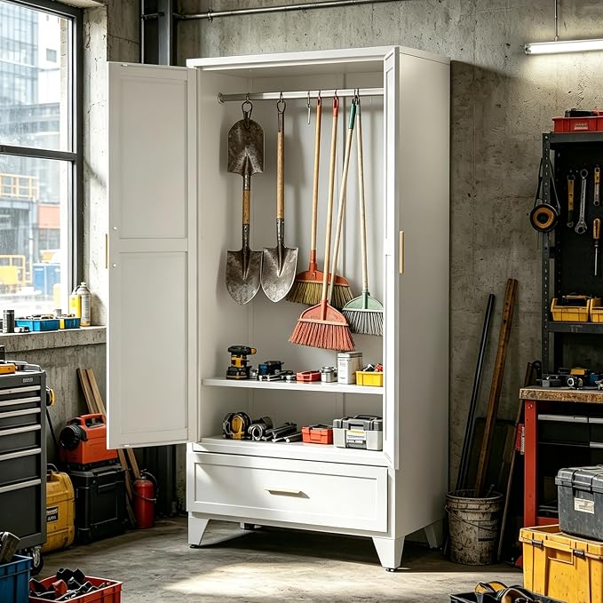 71" H White Storage Cabinet with Doors,Metal Storage Cabinets,Garage Cabinet,Broom Closet Storage Cabinet,Utility Cabinet