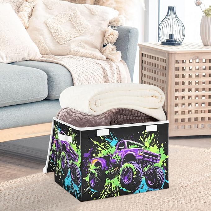Fabric Storage Bins with Lid Monster Truck Closet Storage Basket 40L | Decorative Storage Boxes, 300D Oxford Cloth, Hollow Board Frame, Flip Top Velcro Lid, 16.5x12.6x11.8 inch, Collapsible Design