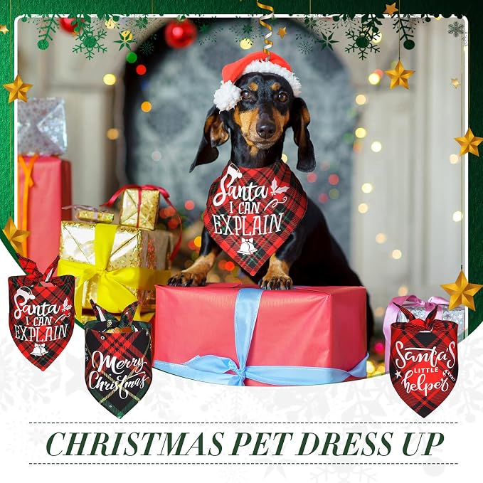 8 Pcs Christmas Dog Bandanas Buffalo Plaid Pet Scarf Bibs,Medium | Adjustable Triangle Bibs with Holiday Sayings, Reversible Red Black Green Plaid, Festive Costume Accessory for Pet Photos