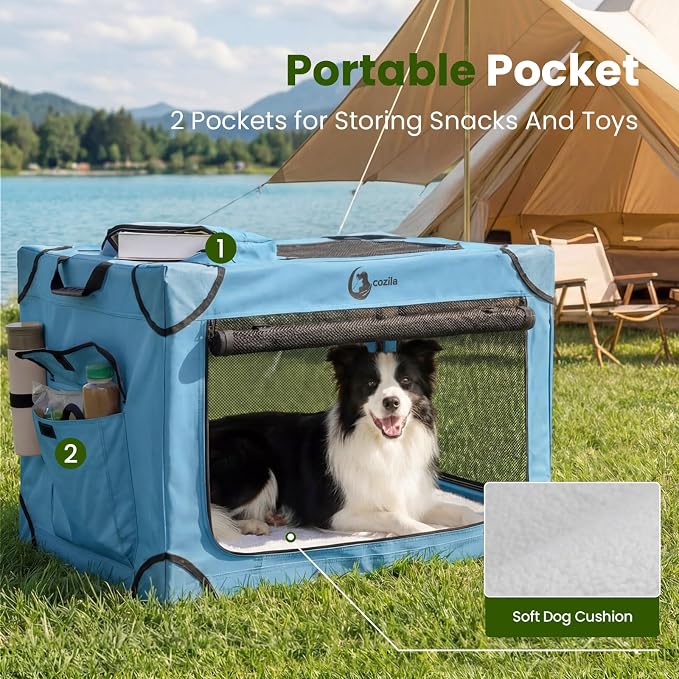 Portable Collapsible Soft Dog Crate for Extra Large Dogs, 42in Blue | Oxford Cloth Travel Camping dog kennel with 4 Mesh Windows & 2 Storage Pockets,for Indoor & Outdoor Use