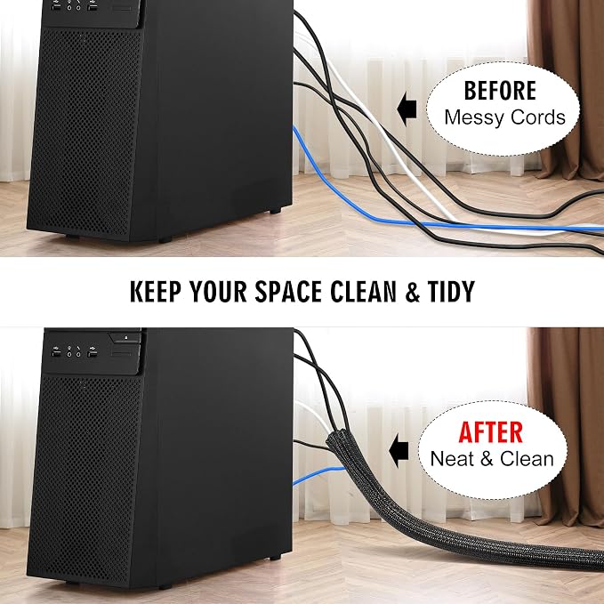 10ft - 1/2 inch Cord Protector Cable Sleeve Split Wire Loom Tubing for Power Cord Audio USB Cable, Cord Sleeve Cable Management for TV Computer, Cord Protectors from Pets Chewing, Black