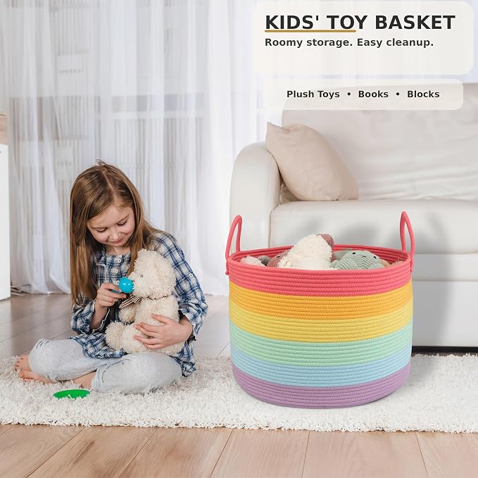 XUANGUO 66L Large Blanket Basket, Round Cotton Rope Basket, Rainbow | 20" x 13" Laundry Basket with Sturdy Handles for Blankets, Pillows and Toys; Storage for Living Room, Bedroom and Nursery