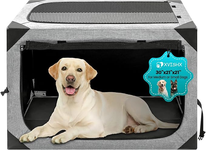 Dog Crate,30x21x21 Inch Large Dog Crate for Large or Medium Dogs, Portable and Foldable Design of Dog Cage, Perfect for Travel or Home Use, Dog Kennel with 3-Door and Durable Mesh Windows, Light Grey